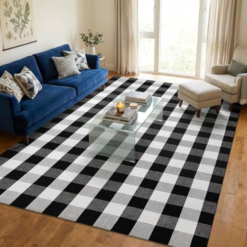 MUBIN Cotton Buffalo Plaid Rug, 5' x 8' Black and White Area Rug, Outdoor Decorative Layered Mat, Washable Foldable Rug for Outdoor Patio Entryway Indoor Living Room Dining Room Home Office - Image 3