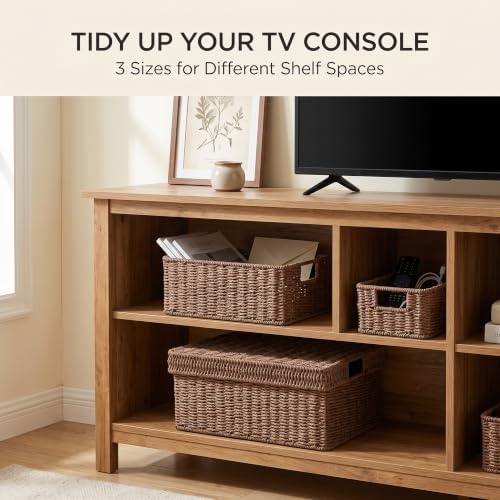 Wicker Storage Basket with Lid for Shelves, 3-Basket Set, Dark Brown - Image 2