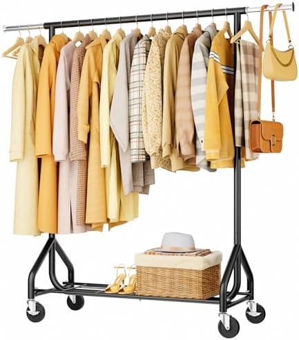 HYSEYY Heavy-Duty 450LBS Capacity Metal Clothes Rack，Rolling Clothing Rack with Wheels & Shelves, Portable Standing Wardrobe Rack for Hanging Clothes, Black (Black, L) by HYSEYY