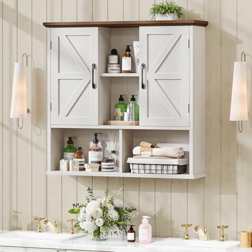 Vabches Bathroom Wall Cabinet, Farmhouse Medicine Cabinet with Double Barn Door and Adjustable Shelves, Wooden Vintage Storage Cabinet Wall Mounted for Bathroom, Kitchen Dining, Rustic White - Image 3