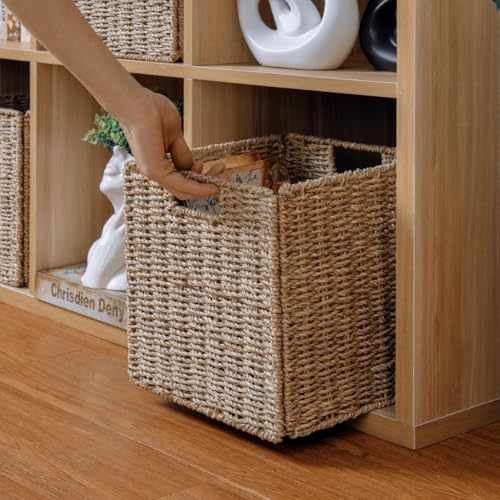 10.5 x 10.5in Cube Seagrass Storage Baskets, Foldable Square Wicker Storage Baskets for Shelves Set of 3, Large Cubby Rattan Basket, Collapsible Cube Storage Bins - Image 6