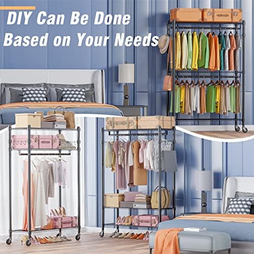 Homdox Rolling Garment Rack with Double Rod, Heavy Duty Clothing Rack with Shelves, Portable Clothes Rack, Free Standing Wardrobe Rack, with Lockable Wheels & Hanging Hooks, Max Load 450 LBS, Black - Image 4