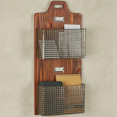 Sawyer Vertical Wall Organizer - Mission Red Oak - Handcrafted - Wooden Back, Metal Baskets - Vintage Hanging Organizer - Two Tier Basket for Mail, Paper, Letters - 26 Inches High Vertical - Image 2