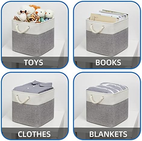 Temary Fabric Baskets 13 Inch Cube Storage Baskets with Rope Handle, Storage Cube Bins Clothes Basket for Gift, Large Storage Bins for Storage Books, Blankets (White&Gray) - Image 4