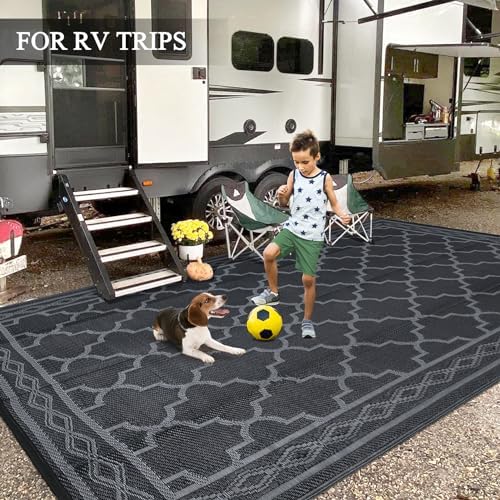 GlowSol Outdoor Rug 6x9 for Patios Waterproof Mat Outdoor Plastic Straw Rug Clearance, Reversible Carpet for Rv,Modern Outside Carpet for Porch, Deck, Camper, Balcony, Backyard, Picnic,Black Grey - Image 6