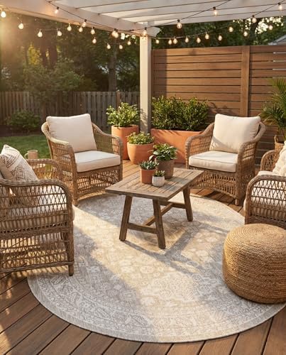 Rugs.com - Outdoor Aztec Rug – 5' 3 x 8' Oval Light Gray Indoor/Outdoor Rug – Weather Resistant for Patios, Decks, and Porches by Rugscom