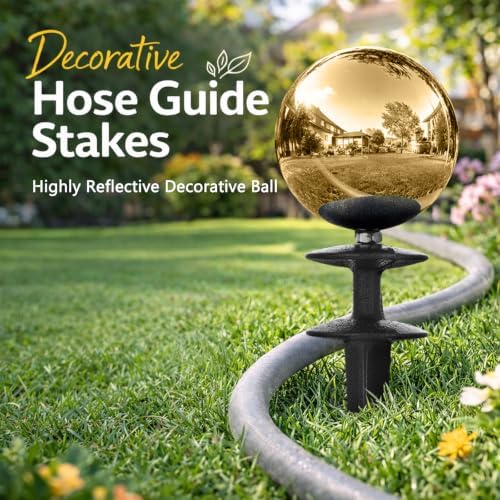 Tandefio 3 Pcs Garden Hose Guide Spike 13.5'' Decorative Ball, Gold - Image 2