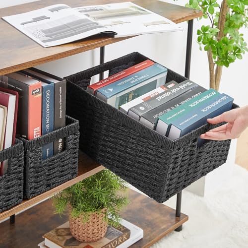Vagusicc Wicker Storage Basket, Set of 3 Wicker Basket, Hand-Woven Paper Rope Storage Baskets for Organizing, Large Cube Storage Organizer Bins Baskets for Shelves Small Toilet Paper Baskets, Black - Image 4