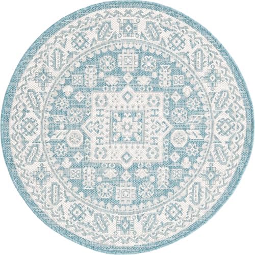 Rugs.com - Outdoor Aztec Rug – 3 Ft Round Aqua Indoor/Outdoor Rug – Washable & Stain-Resistant, Perfect for Patios, Decks, and Porches - Image 3