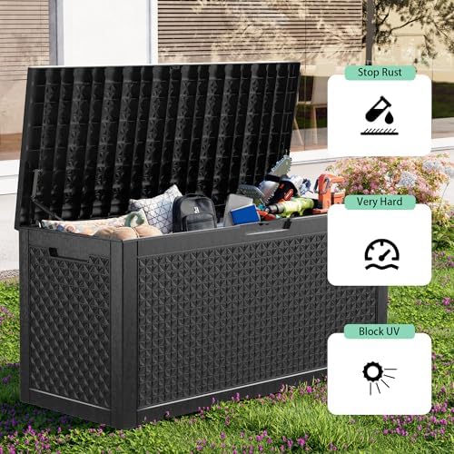 Outdoor Waterproof Resin Storage Deck Box Lockable Outside Bench UV Resistant Bin Patio Porch Furniture Pool Float Garden Tool Cushion (Black, 110 Gallon) - Image 5