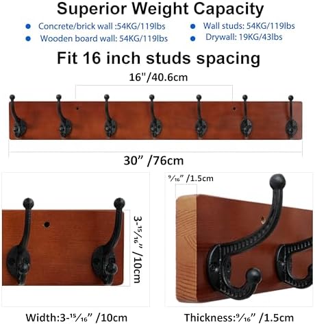 WEBI Rustic Coat Rack Wall Mount,30" Long 7 Cast Iron Coat Hooks Wall Mounted,Heavy Duty Wood Wall Coat Hanger Hooks for Hanging Coats,Jacket,Clothes,Backpack,Farmhouse,Cherry,2 Packs - Image 3