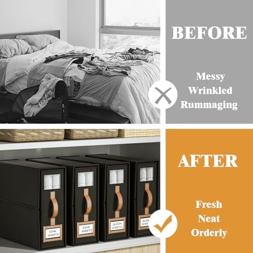 8 Pack Foldable Bed Sheets Set Organizers and Storage(King & Queen Size),Linen Fabric Closet Organizers with Window,Folding Bedding Storage Box for Bedsheets and Pillow Cube Organizer-Black - Image 2