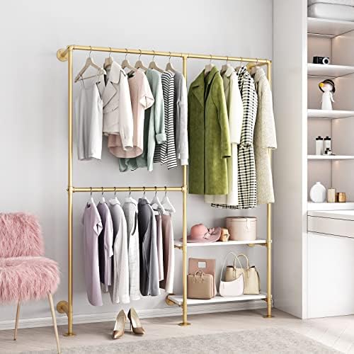 Gold Pipe Clothes Racks with White Shelves, Industrial Pipe Gold Clothing Rack with Double Hanging Rods, Heavy Duty Wall Mounted Clothing Rack Rod for Closet Storage, Bedroom - Image 2