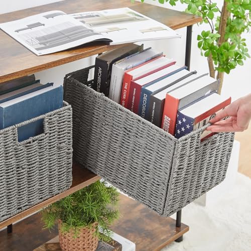 Vagusicc Wicker Storage Basket, Set of 2 Hand-Woven Paper Rope Wicker Basket, Small Storage Baskets for Organizing Toilet Paper Basket, Foldable Large Cube Storage Organizer Bins for Shelves (Grey) - Image 6