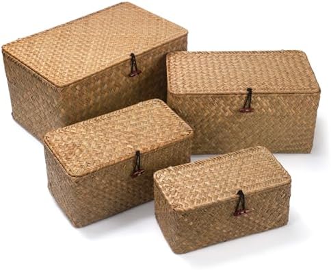 Wicker Basket with Lid, Seagrass Storage Basket, Woven Baskets for Storage, Decorative Storage Baskets for Shelf Organizing, Natural - Image 5