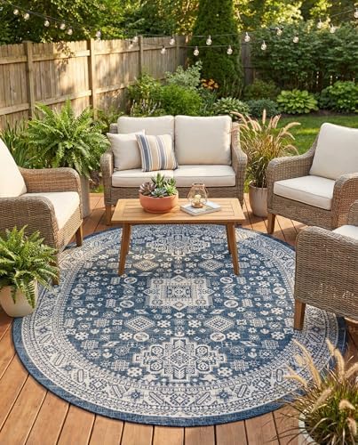 Rugs.com - Outdoor Aztec Rug – 7' 10 x 10' Oval Blue Washable Indoor/Outdoor Rug – Weather Resistant for Patios, Decks, and Porches by Rugscom
