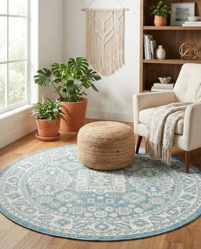 Rugs.com - Outdoor Aztec Rug – 4 Ft Round Aqua Indoor/Outdoor Rug – Washable Flatweave Carpet for Patios, Decks, and Porches - Image 4