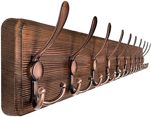 SKOLOO Coat Rack Wall Mounted - 38.6" Long, Wooden, Heavy Duty, Rustic Coat Hooks for Wall, Coat Rack with 10 Triple Hooks for Hanging Clothes, Jacket, Hat(Brown & Retro Red) by SKOLOO