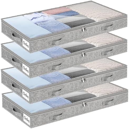 4 Inch Low Profile Under Bed Storage Drawer 4 Pack, Lightweight Underbed Clothes Storage Container Bins With NO STURCTURE, Shallow Storage Bag for Dorm & Home, With Clear Lids & Water-Resistant Fabric by KUKIKAN