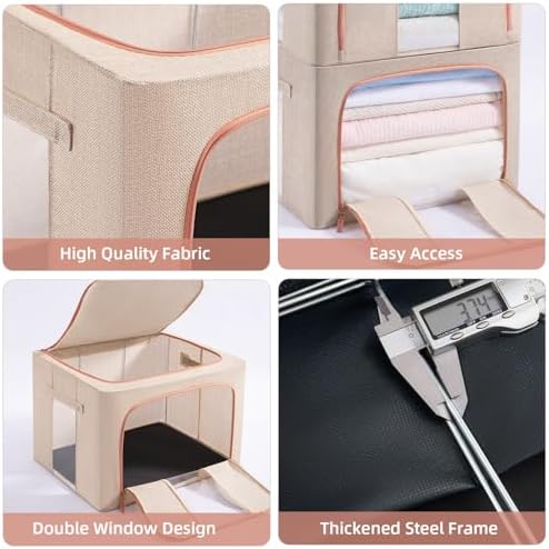 GuliPostan 3 Pack 100L Stackable Clothes Storage Bins with Metal Frame Handles & Zipper, Collapsible Closet Organizer Box with Lid for Bedding Blankets Towel (Beige) - Image 3