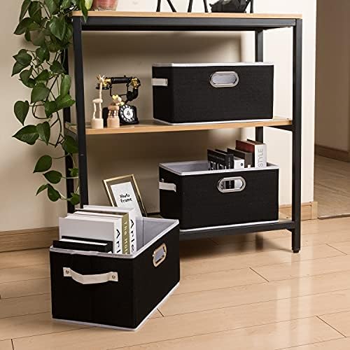 PRANDOM Large Collapsible Storage Bins for Closet [5-pack] Decorative Fabric Storage Baskets Cubes with Leather/Metal Handles for Shelves Bedroom Living Room Black (14.9x9.8x8.3 Inch) - Image 3