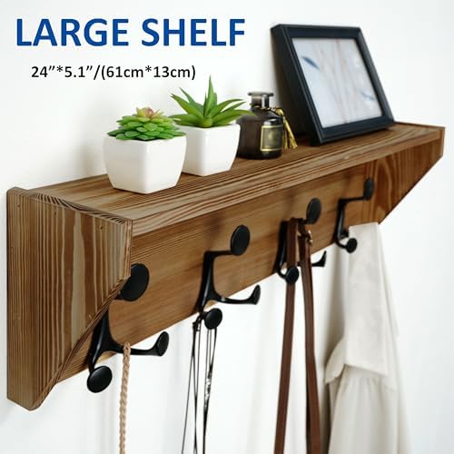 WEBI Wall Shelf with Hooks Underneath,24" Long Wall Mounted Coat Rack with Shelf,Entryway Coat Rack with 4 Triple Hooks for Hanging Coats,Jacket,Hallway,Bedroom,Mudroom,Brown - Image 6