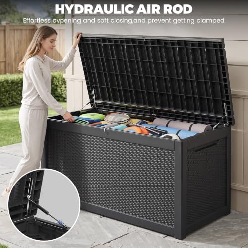 320 Gallon Outdoor Storage Box, Extra Large Waterproof Resin Deck Box with Lockable Lid Storage Bin for Patio Furniture Cushion, Garden Tools, Pool Accessories, UV-Resistant Outside, Black - Image 5