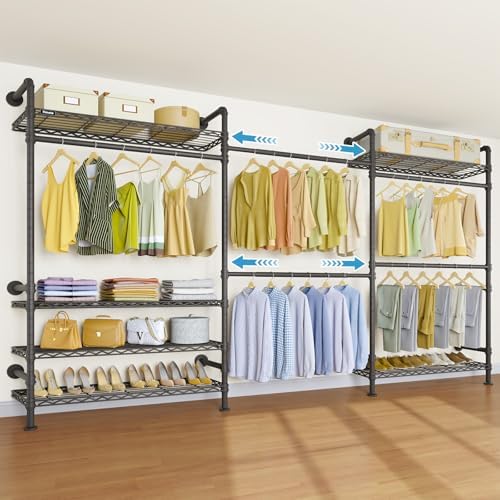 Timate F3 Plus Wall Mounted Clothes Rack Industrial Pipe Clothing Rack for Hanging Clothes, Heavy Duty Clothes Rack with Shelves, Expandable Garment Rack Wall Closet System, Black Pipe Closet Kit by SturdyWallMountedClothesRack