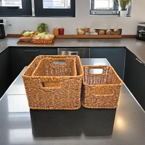 GIB Woven Storage Baskets for Organizing, Plastic Wicker Storage Baskets for Shelves, Waterproof Rectangular Storage Bins Organizers for Closet Pantry Table, Set of 3, Brown - Image 4