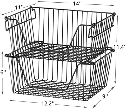 Slideep Wire Storage Baskets, Freezer Baskets Farmhouse Stackable Organizer Storage Bins Large Organizer for Storage, Office, Bathroom, Pantry Organization Storage with Handles 14" Black -Set of 3 - Image 6
