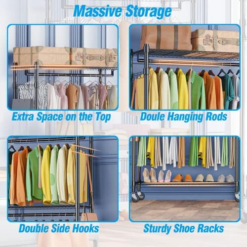Homdox Double Rod Closet 3 Shelves Wire Shelving Clothing Rolling Rack Heavy Duty Garment Rack with Wheels and Side Hooks - Image 6