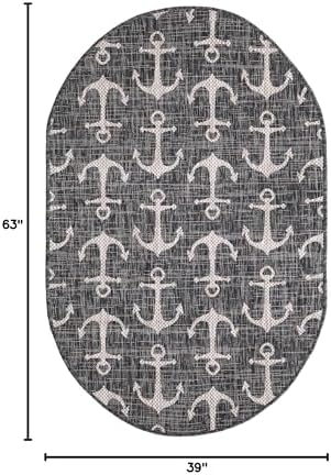 Unique Loom Outdoor Coastal Collection Area Rug - Ahoy (3' 3" x 5' 3" Oval, Charcoal/ Ivory) - Image 2