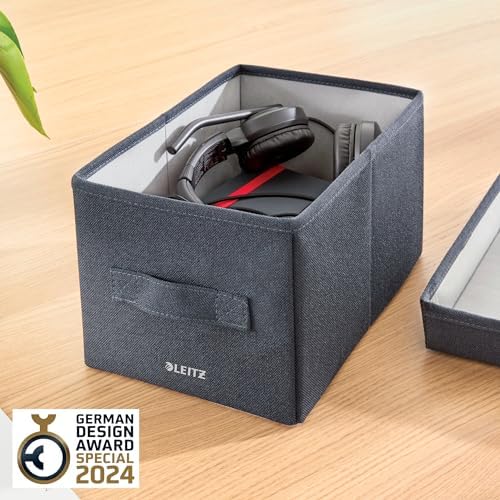 Leitz Fabric Storage Box with Lid, Set of 2 Cube Storage Unit Boxes, Foldable Fabric Ottoman Storage Organiser Box, Velvet Grey, Small, 61460089 - Image 2