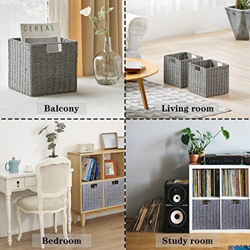 Vagusicc Wicker Basket, Set of 2 Hand-Woven Wicker Storage Basket, Foldable 11 inch Cube Storage Bins, Storage Baskets for Organizing Shelves, Closet Organizers and Storage Bins, Gray (11″×11″×11″) - Image 2