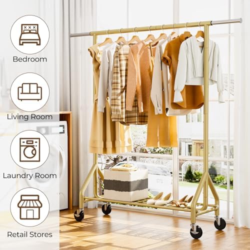 HYSEYY Heavy Duty Clothes Rack Load 450 LBS, Metal Garment Rack, Standing Rolling Clothing Rack for Hanging Clothes with Sturdy Wheels & Shelves, Portable Closet Wardrobe Rack,Gold - Image 6