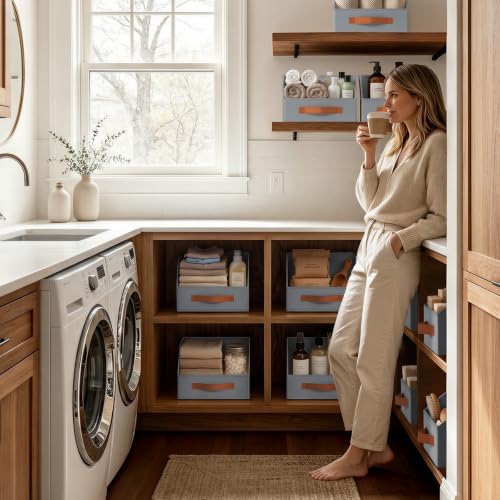 Homsorout Fabric Storage Bins for Organizing - 6 Pack Large Trapezoid Collapsible Storage Bins with Front Handle, Closet Organizers and Storage for Bedroom, Home Shelves, Small Spaces, Grey - Image 5