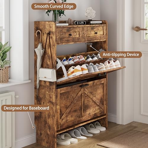 Shoe Cabinet with 2 Flip Drawers & 2 Top Drawers, 43" Tall Freestanding Narrow Wooden Shoe Storage Organizer for Entryway, Hidden Slim Shoe Rack for Front Door Entrance, Hallway, Living Room, Brown - Image 5