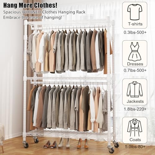 BATHWA Clothes Racks for Hanging Clothes, 25 mm tube Heavy Duty 47.3" W x 17.7" D x 80.7" H Large Wardrobe Rack with Shelves & Wheels Rolling Metal Commercial Multifuctional, White - Image 3