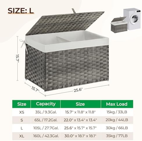 GREENSTELL Storage Basket with Lid, 27.7 Gallon(105L) Lagre Wicker Blanket Storage Basket with Handles, Foldable, 2 Removable Liner Bags, Metal Frame, for Bedroom, Laundry Room, Grey,25.6"*15.7"*15.7" - Image 6