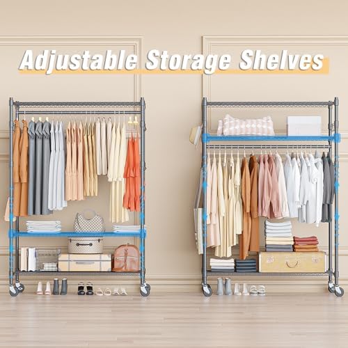 Homdox Heavy Duty Rolling Clothing Rack, Adjustable Garment Rack with 3 Tier Storage Shelves, Freestanding Closet Wardrobe for Hanging Clothes with Side Hooks, Gray - Image 5