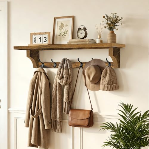 RALGEND 29" Coat Rack Wall Mount Shelf, Entryway Wall Shelf with 6 Metal Hooks, Coat Hangers for Living Room, Modern Wooden Floating Shelves for Bathroom, Bedroom, Kitchen, Rustic Brown 7401BJR1BF - Image 5
