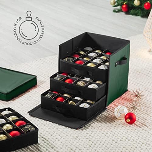 ZOBER Christmas Ornament Storage Box - Stores 64 3" Ornaments with Drawer Style Trays - Tear Proof 600D Oxford Fabric - Ornament Organizer Storage Box, Durable Christmas Containers Holder - Green - Image 2