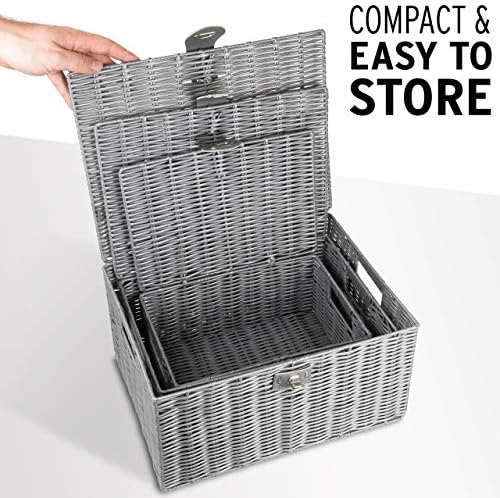 ARPAN Set of 3 Resin Woven Utility Storage Basket Box With Lid & Lock (Grey) - Image 7