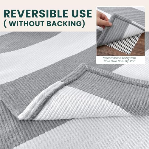 KOZYFLY Striped Rug 4x6 ft Cotton Woven Front Door Rugs, Gray and White - Image 4