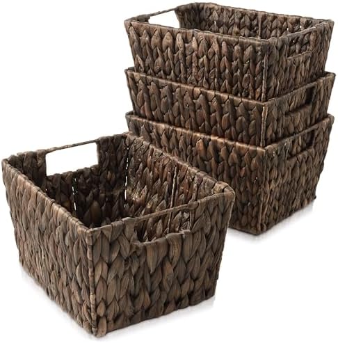 Casafield Set of 4 Water Hyacinth Storage Baskets with Handles - Espresso Brown, Woven Storage Bins for Shelves, Blankets, Laundry Organization by Casafield