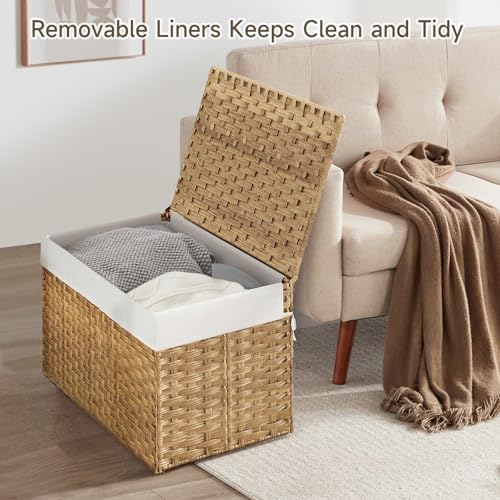 240L Wicker Storage Basket with Lid, Handwoven Rattan Large Shelf Basket with Removable Liner, 47.6 Gallon Wicker Basket for Blanket, Storage Trunk with Handle for Closet, Bedroom, Livingroom, Natural - Image 3