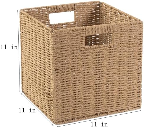 Foldable Storage Cube Bins Set of 4, Paper Woven Square Baskets, Natural, 11" x 11" x 11" - Image 2