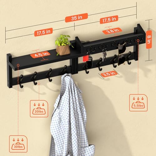 35'' Long Black Coat Rack Wall Mount with Shelf, Solid Wood Coat and Key Hanger with 13 Metal Hooks, Farmhouse Wall Organizer for Mail, Entryway Wall Hangers for Hats, Clothes, Backpacks - Image 3