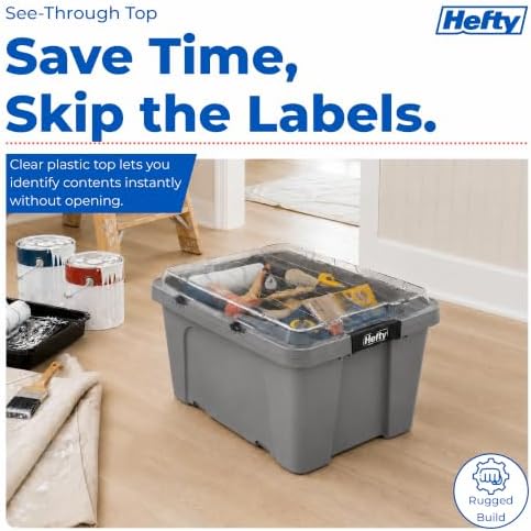 Hefty 18 Gallon Storage Bin with Clear Lid, Heavy Duty Plastic Storage Container Stackable Tote for Garage Closet Home Organization, Large Storage Bin, 6 Pack, Grey - Image 4
