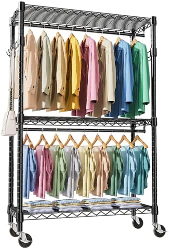 M MZG Heavy Duty Rolling Garment Rack 3 Tiers Adjustable Wire Shelving Clothes Rack with 2 Rods and Side Hooks, Storage Closet Clothing Rack with Wheels Black 17.7" D x 47.2" W x 83.6" H by MEIGAOPLASTICANDMETALHKCOLIMITED